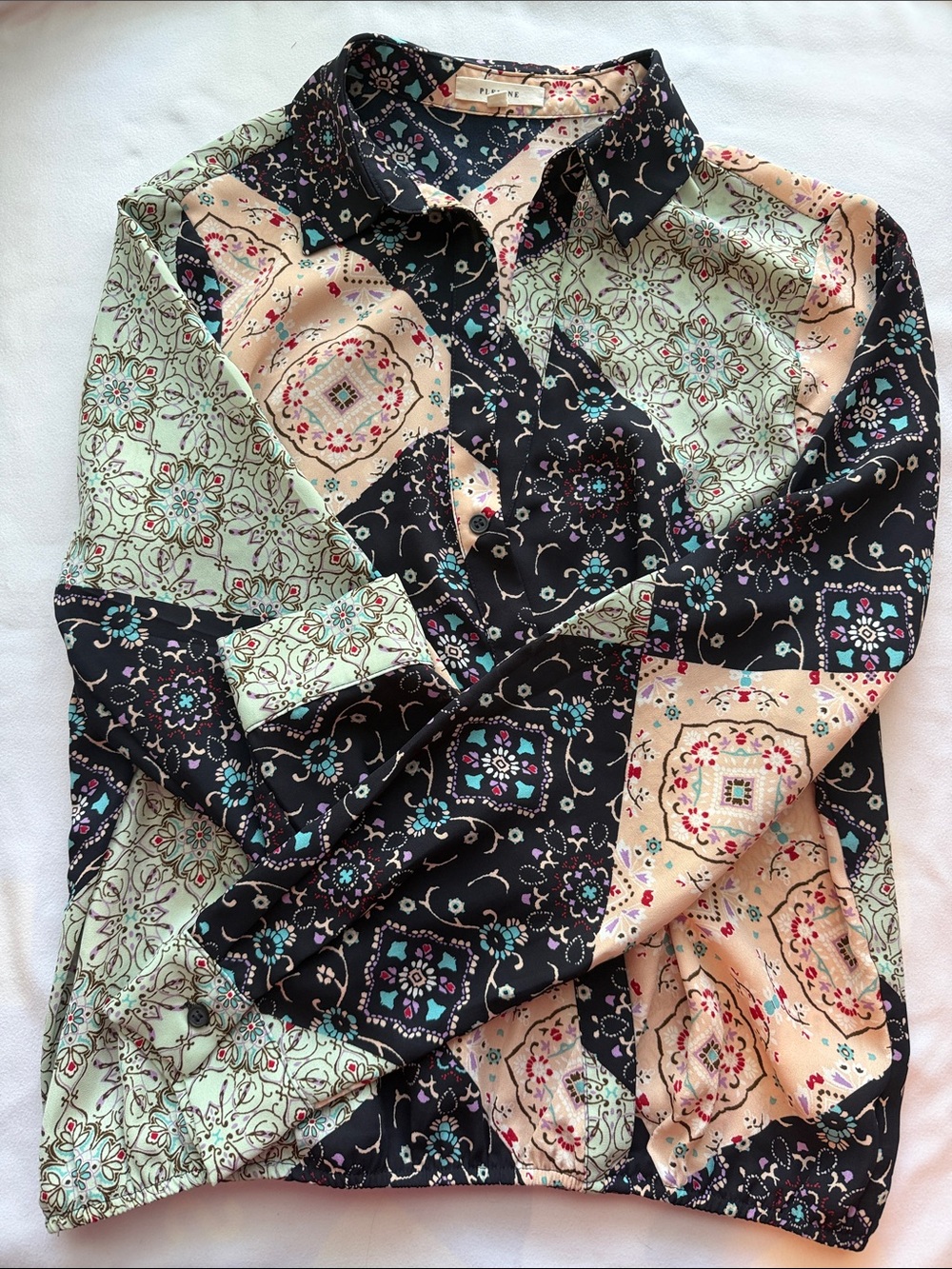 Pleione Boho Patchwork Long Sleeve Blouse Silky Floral Medallion Elastic Waist S